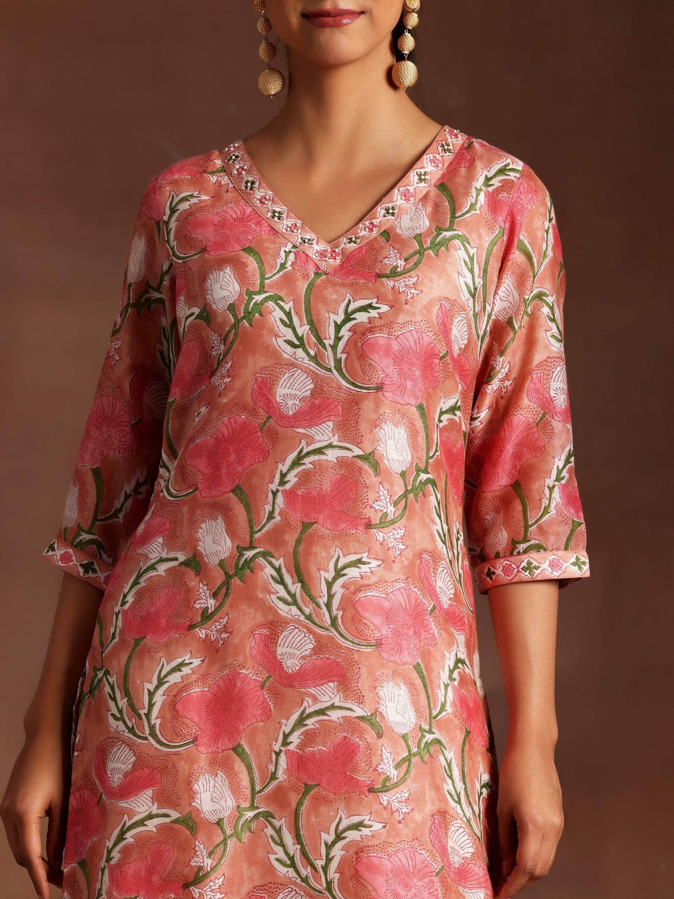 Peach Printed Cotton Straight Suit With Dupatta