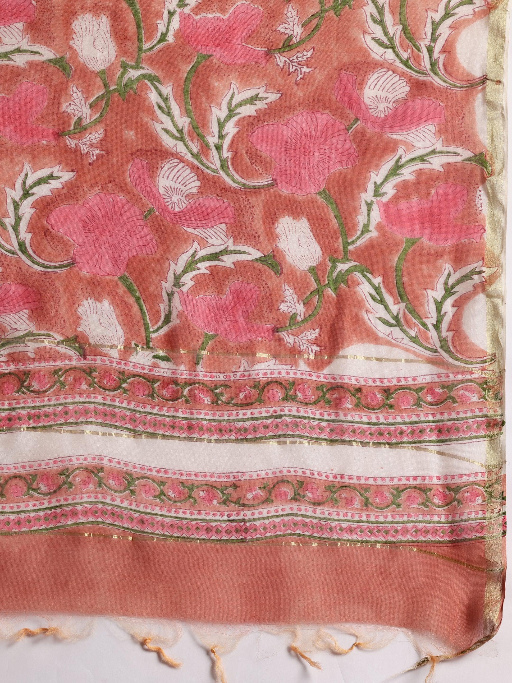 Peach Printed Cotton Straight Suit With Dupatta