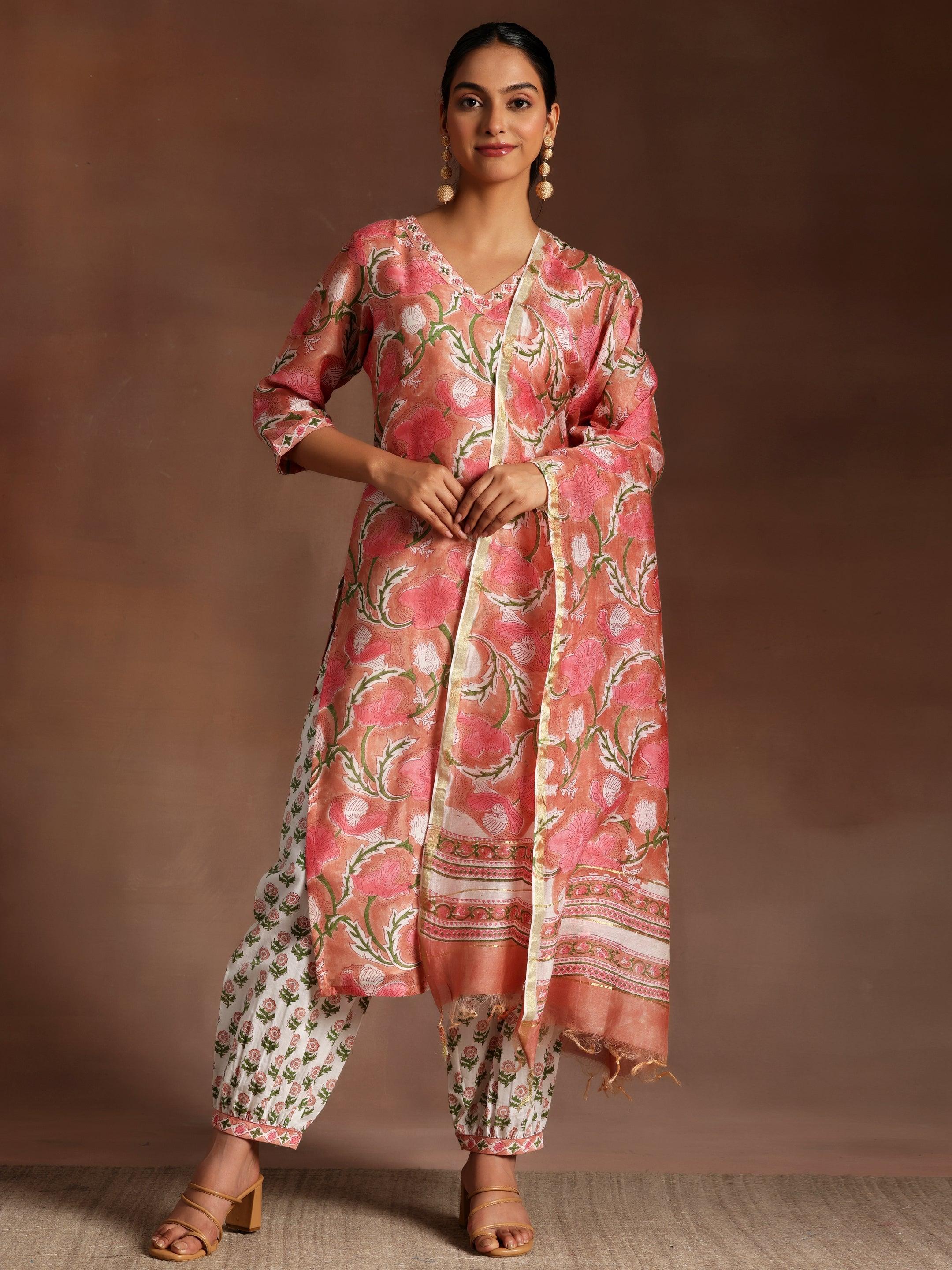 Peach Printed Cotton Straight Suit With Dupatta