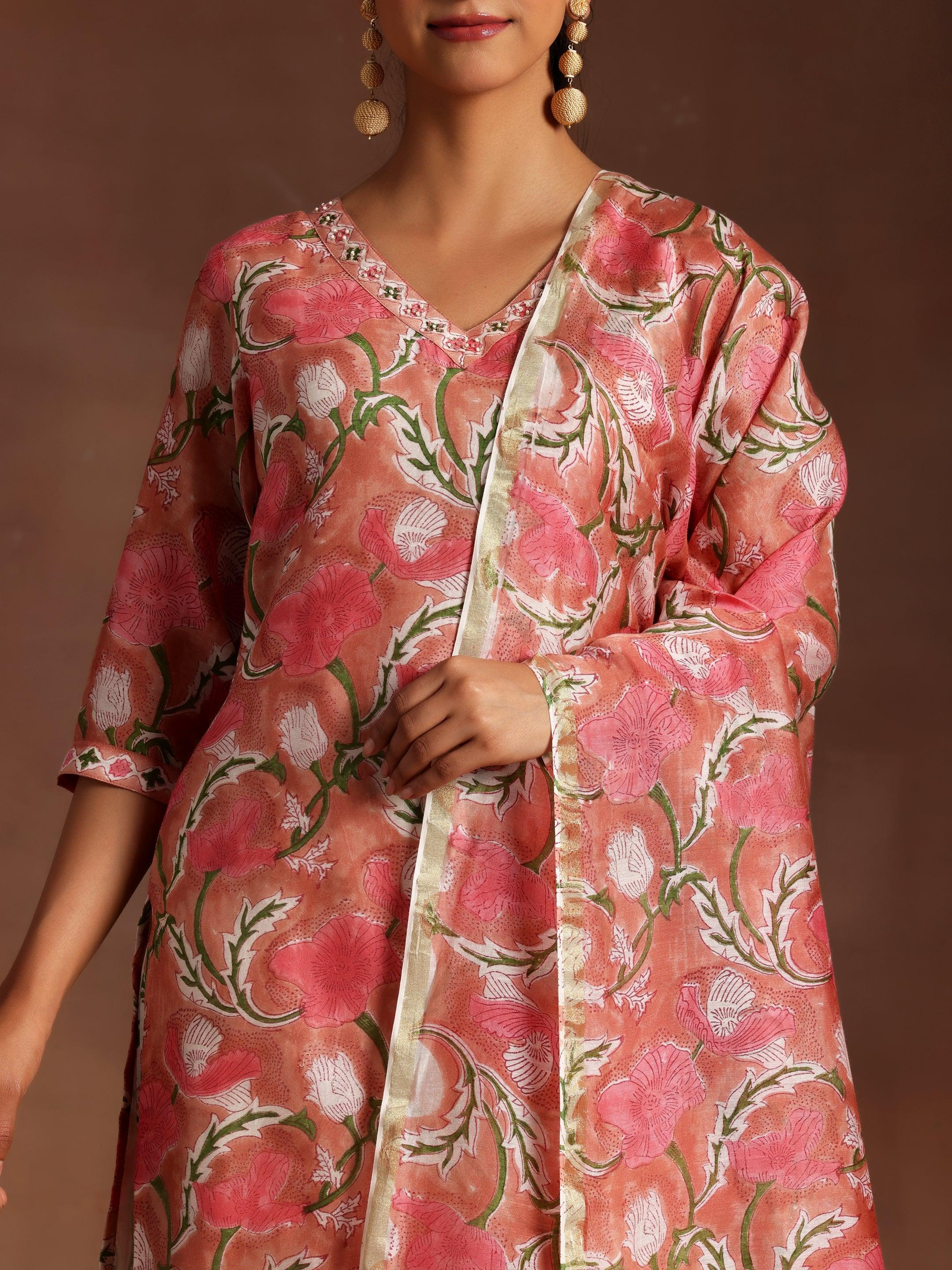 Peach Printed Cotton Straight Suit With Dupatta