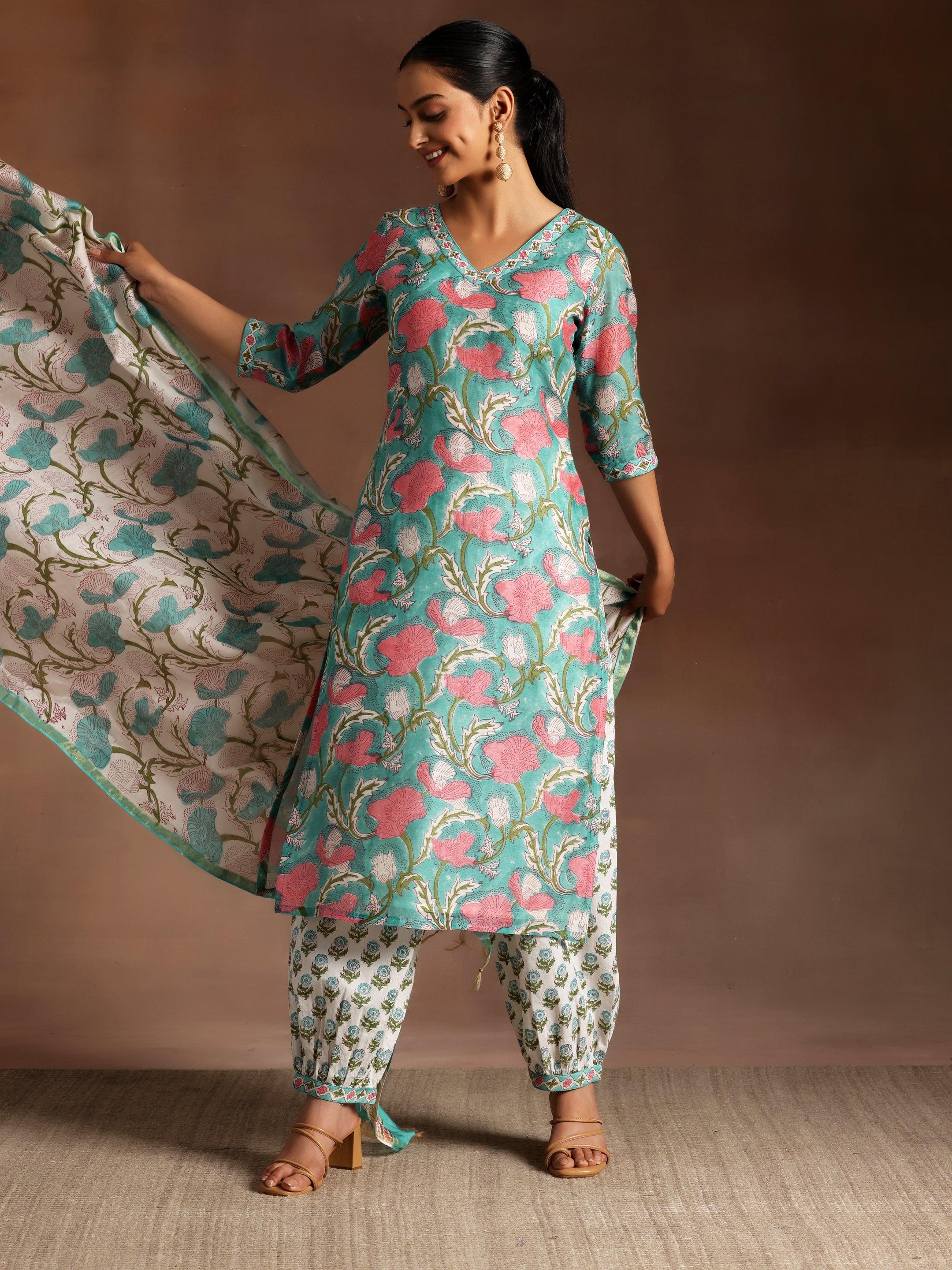 Turquoise Printed Cotton Straight Suit With Dupatta