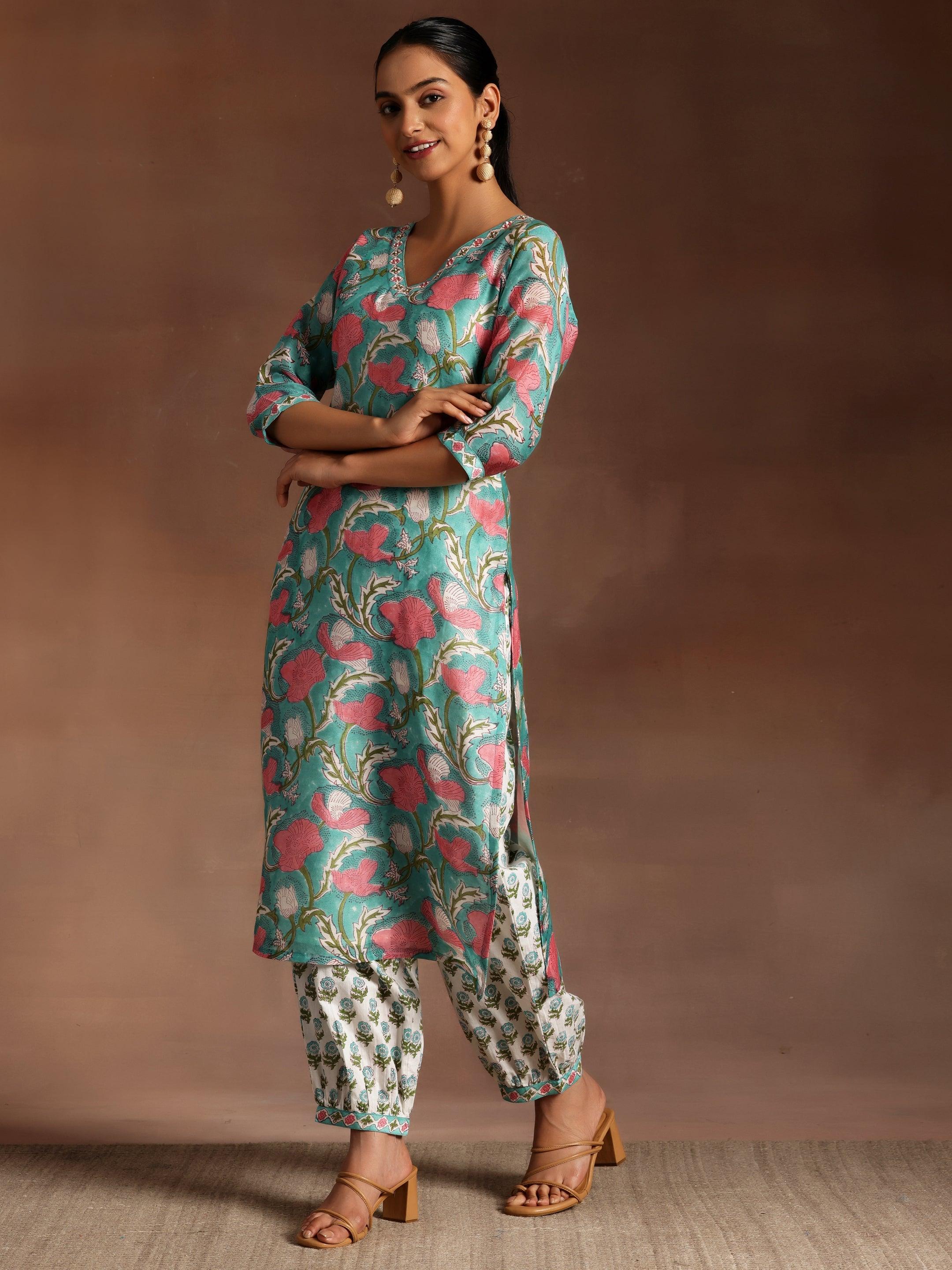 Turquoise Printed Cotton Straight Suit With Dupatta