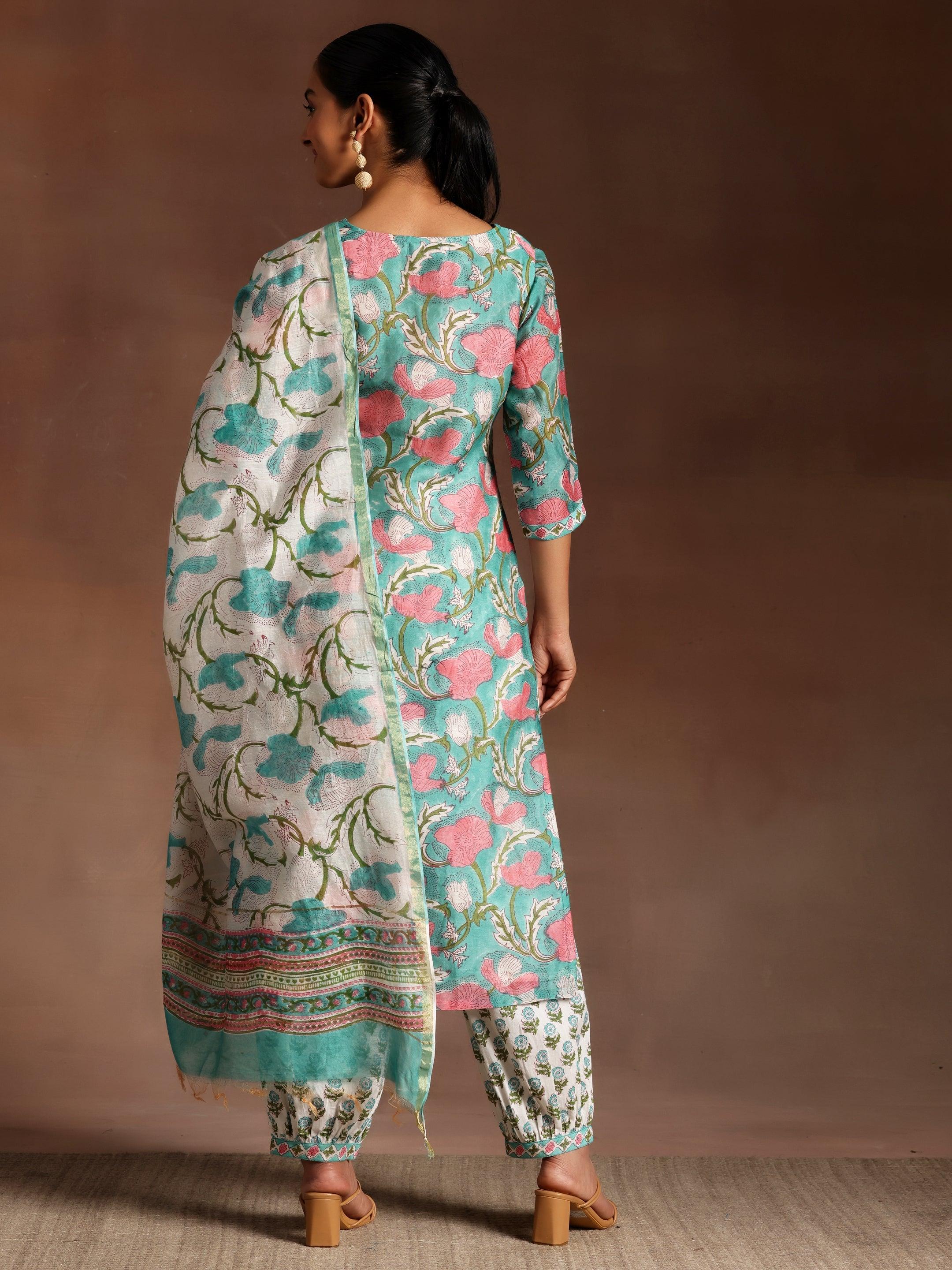 Turquoise Printed Cotton Straight Suit With Dupatta