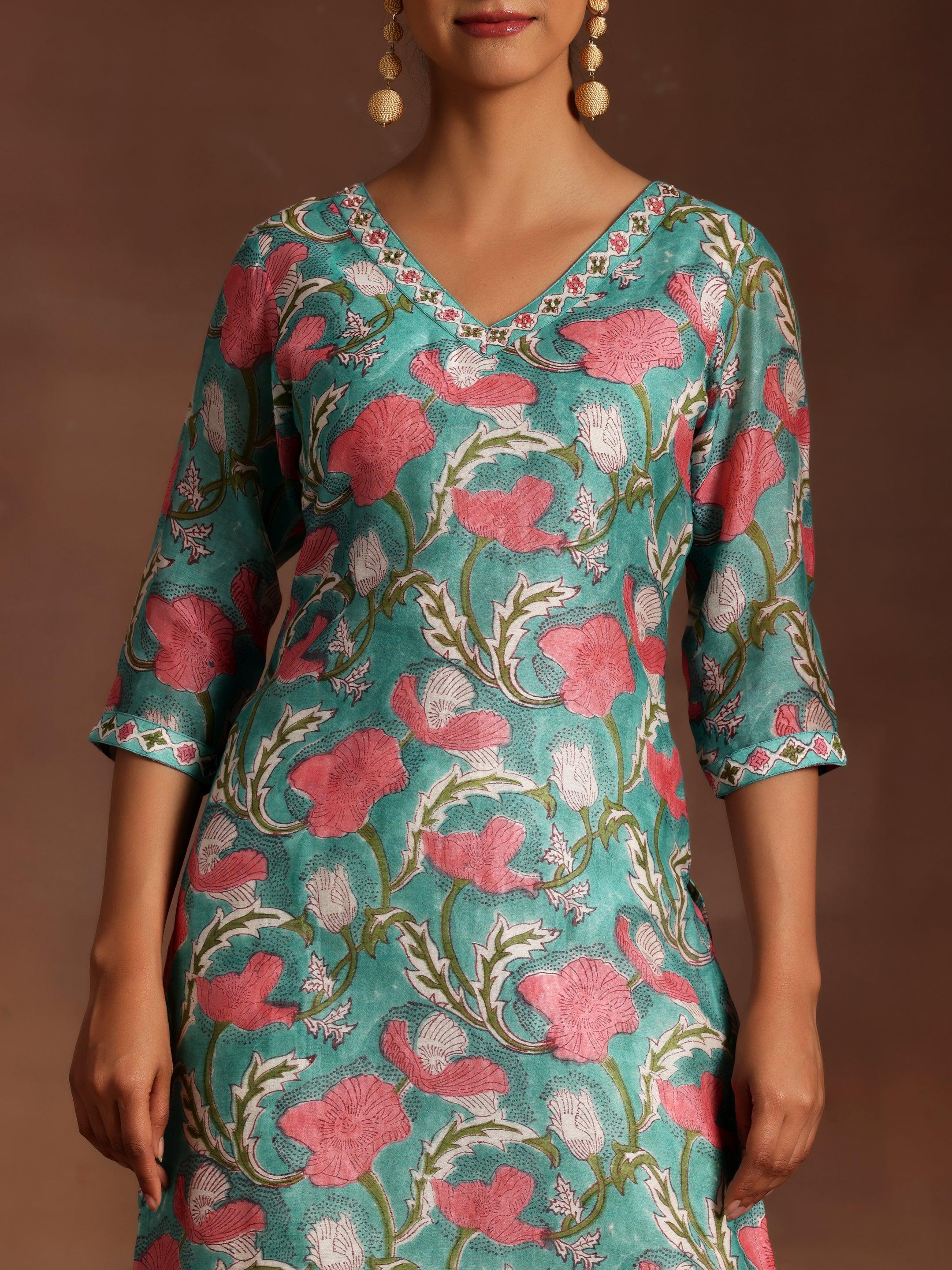 Turquoise Printed Cotton Straight Suit With Dupatta