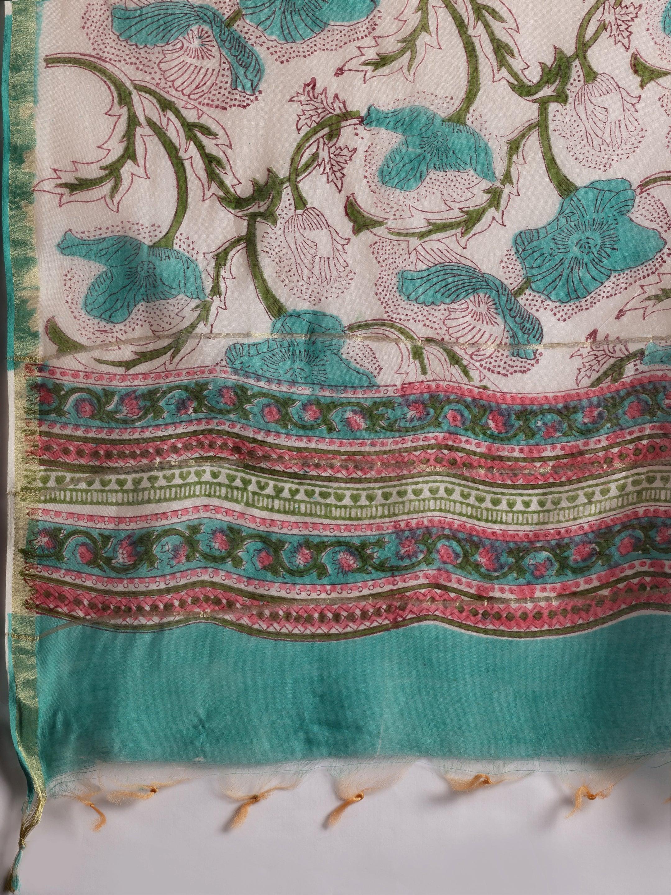 Turquoise Printed Cotton Straight Suit With Dupatta