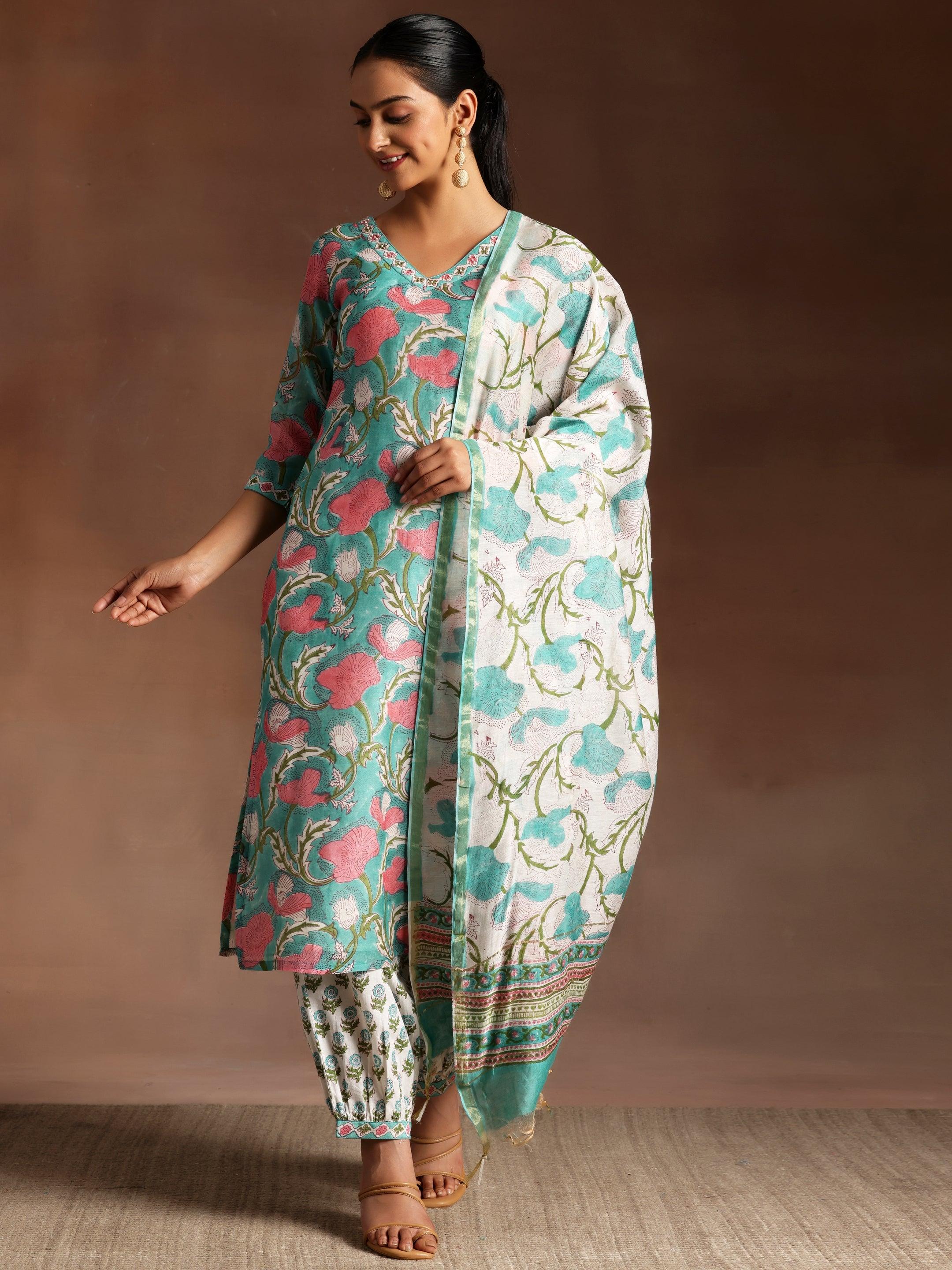 Turquoise Printed Cotton Straight Suit With Dupatta