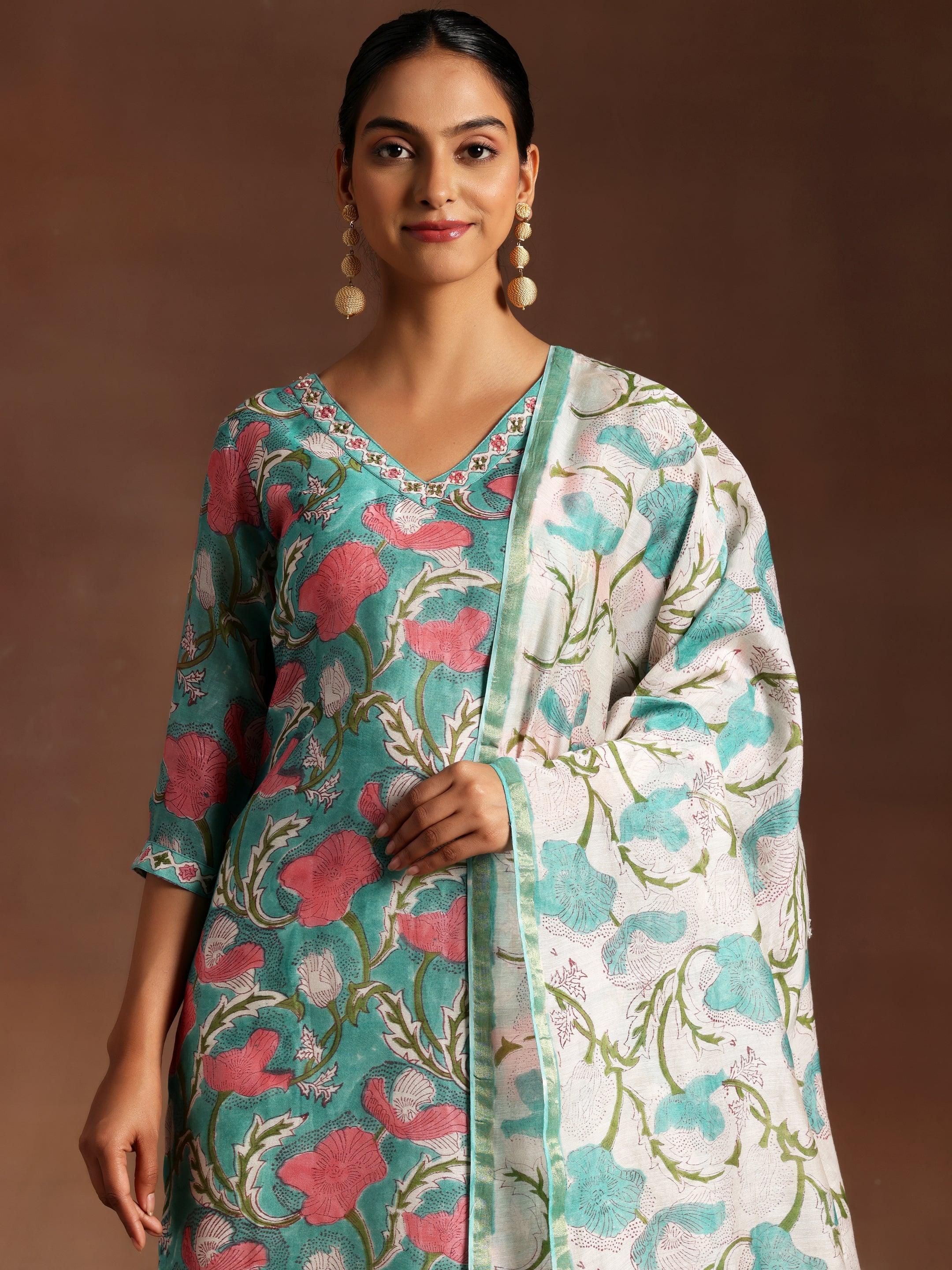 Turquoise Printed Cotton Straight Suit With Dupatta