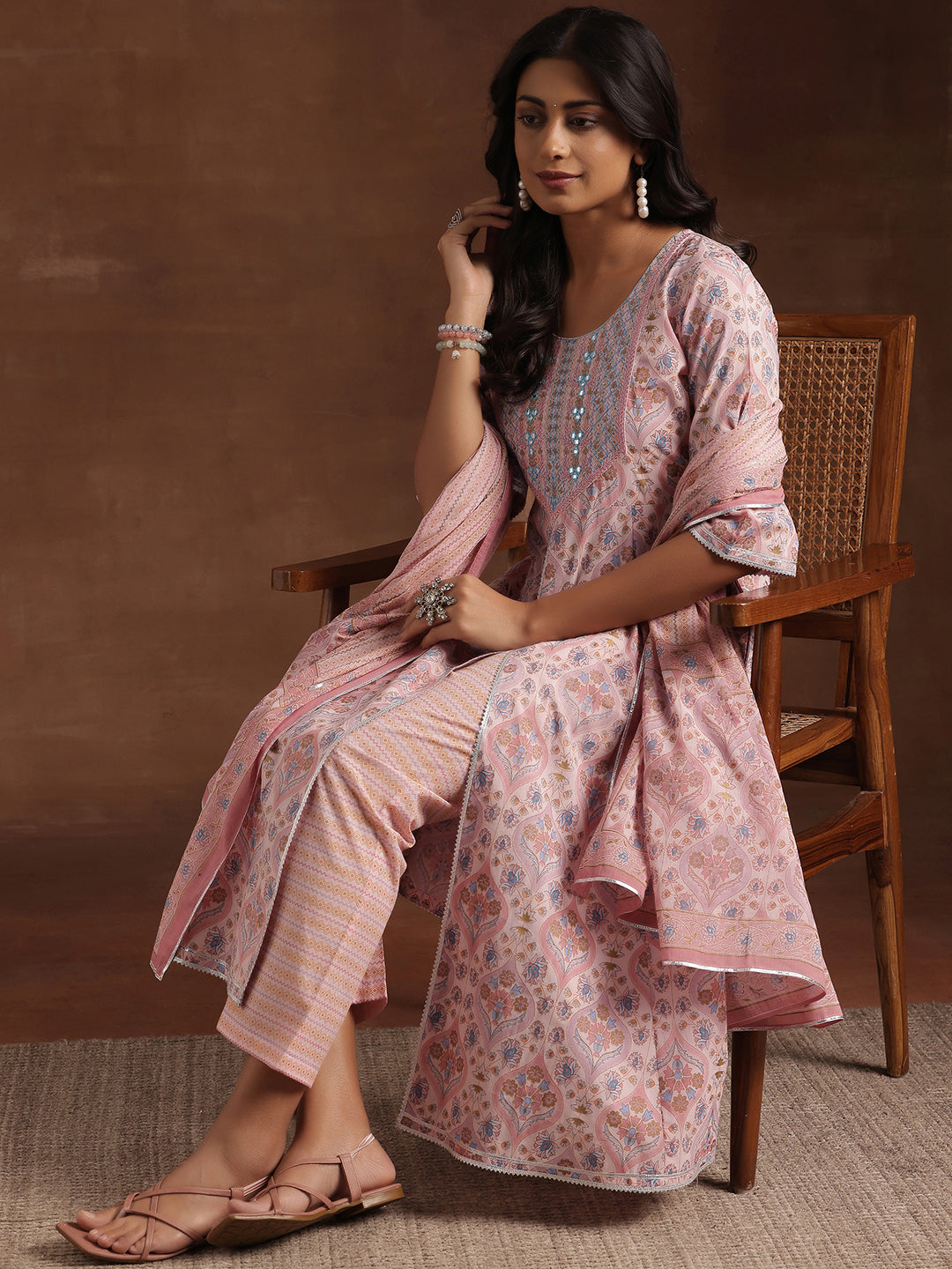 Pink Printed Cotton A-Line Kurta With Palazzos & Dupatta