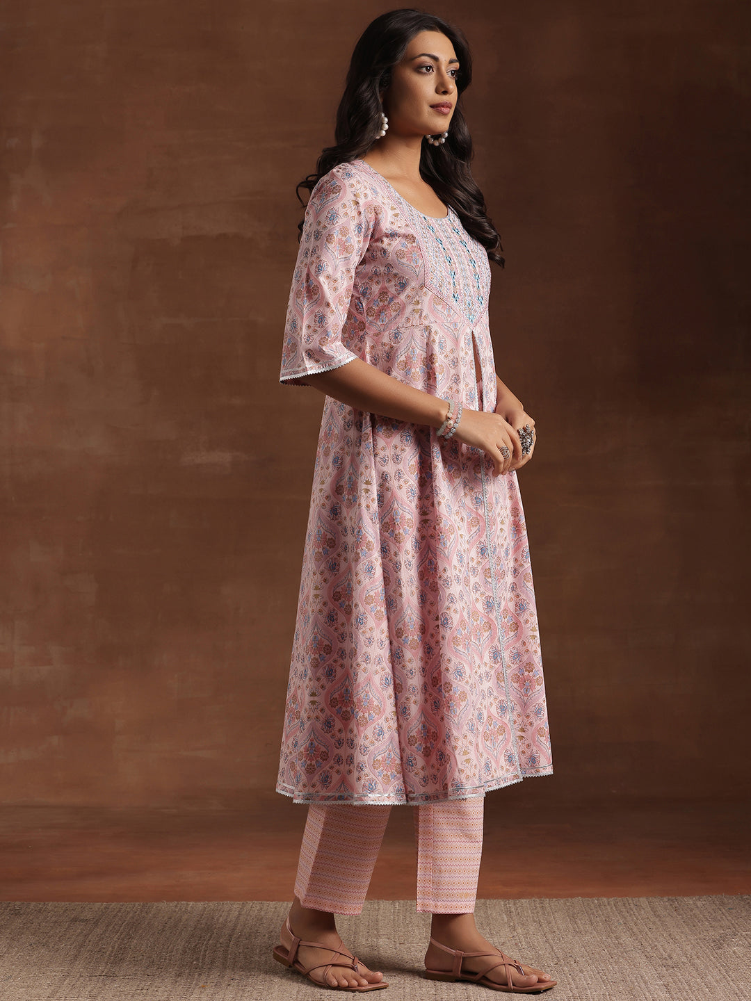 Pink Printed Cotton A-Line Kurta With Palazzos & Dupatta