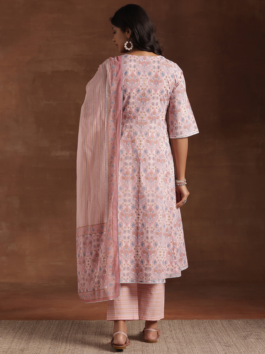 Pink Printed Cotton A-Line Kurta With Palazzos & Dupatta