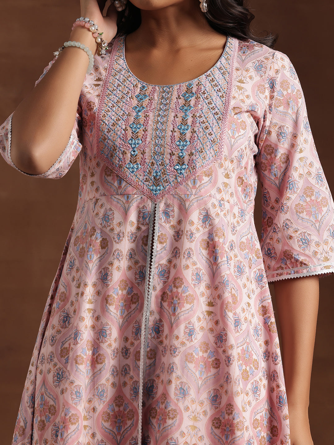 Pink Printed Cotton A-Line Kurta With Palazzos & Dupatta