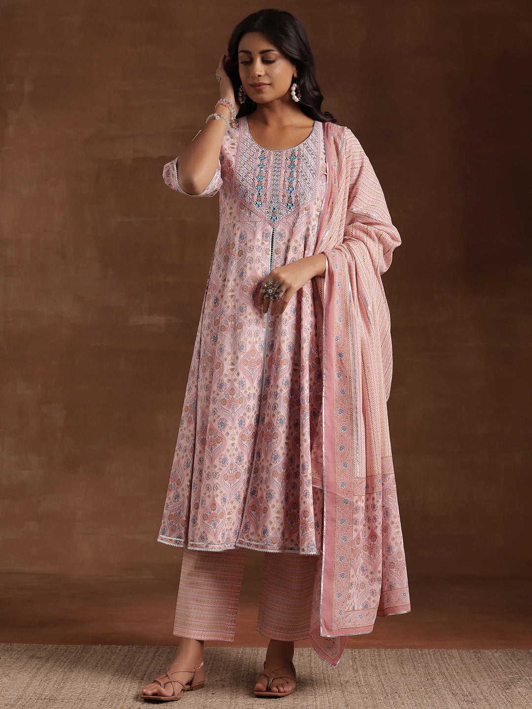 Pink Printed Cotton A-Line Kurta With Palazzos & Dupatta