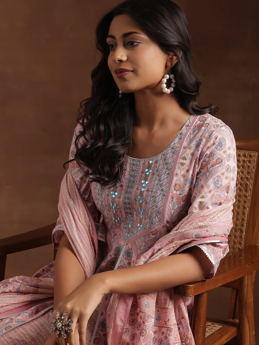 Pink Printed Cotton A-Line Kurta With Palazzos & Dupatta