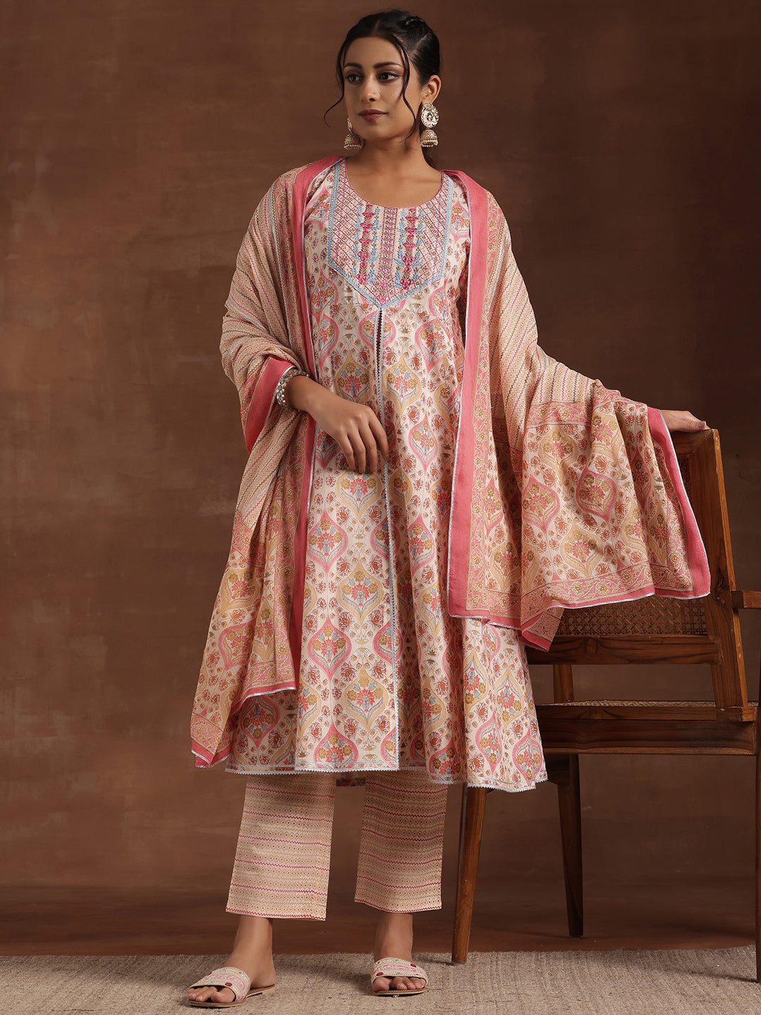 Beige Printed Cotton A-Line Kurta With Palazzos & Dupatta