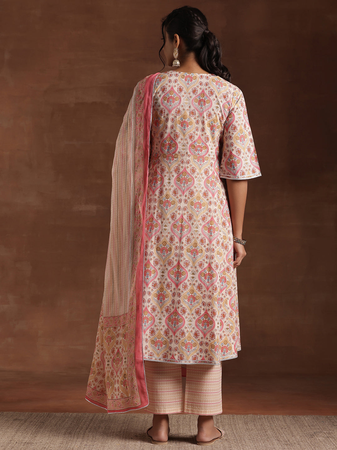 Beige Printed Cotton A-Line Kurta With Palazzos & Dupatta