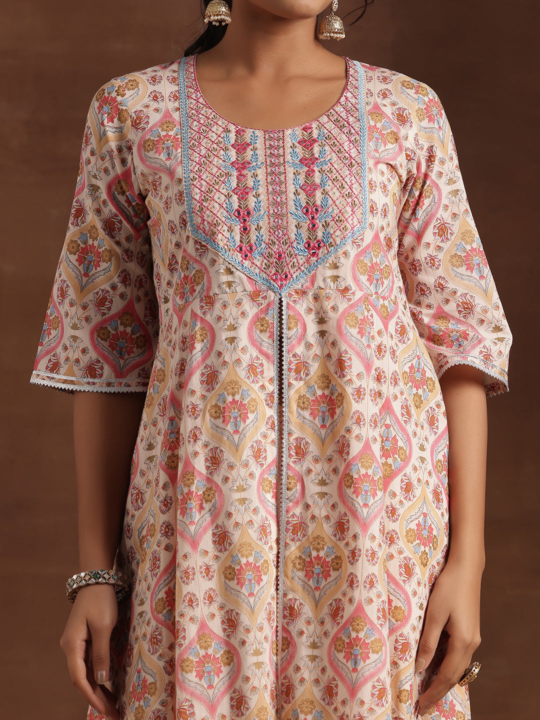 Beige Printed Cotton A-Line Kurta With Palazzos & Dupatta