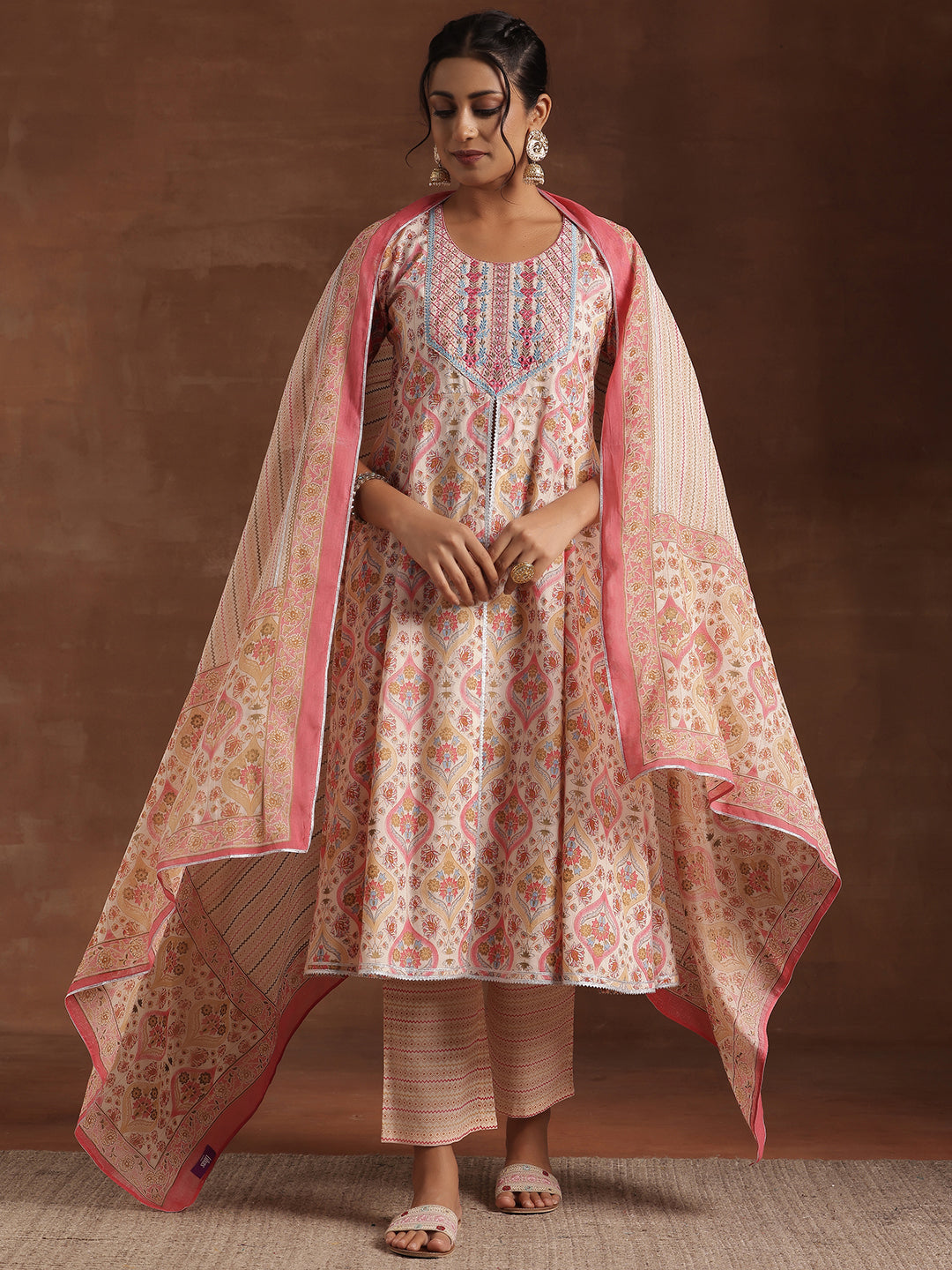 Beige Printed Cotton A-Line Kurta With Palazzos & Dupatta