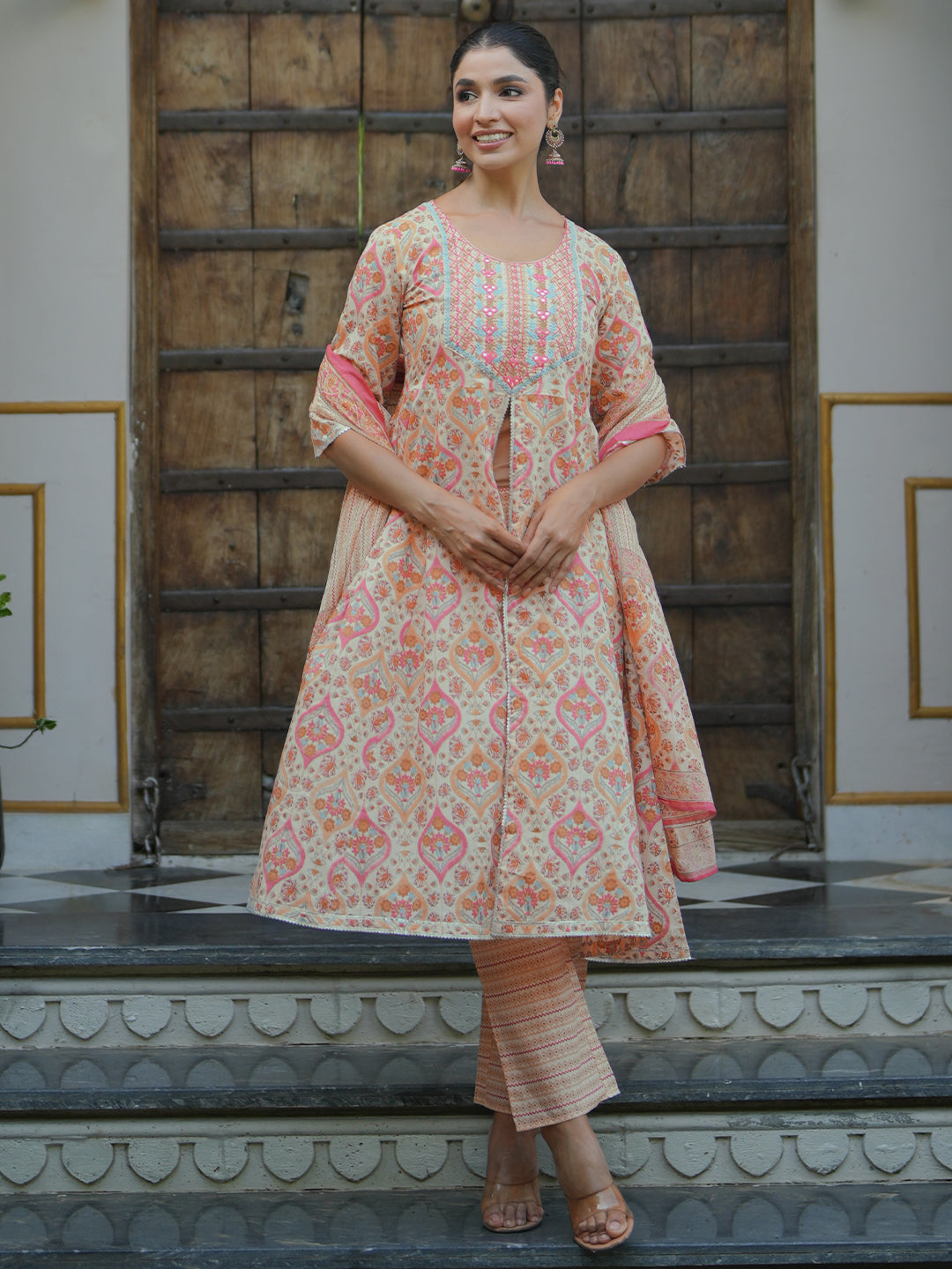 Beige Printed Cotton A-Line Kurta With Palazzos & Dupatta