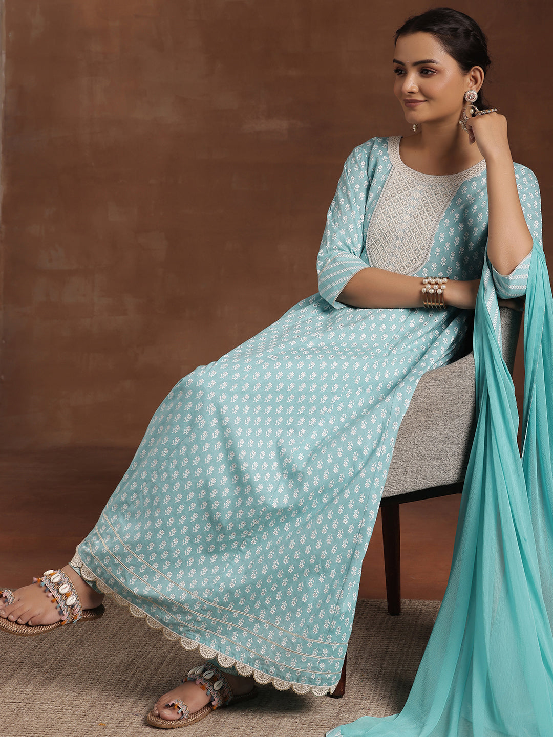 Blue Printed Cotton A-Line Kurta With Churidar & Dupatta