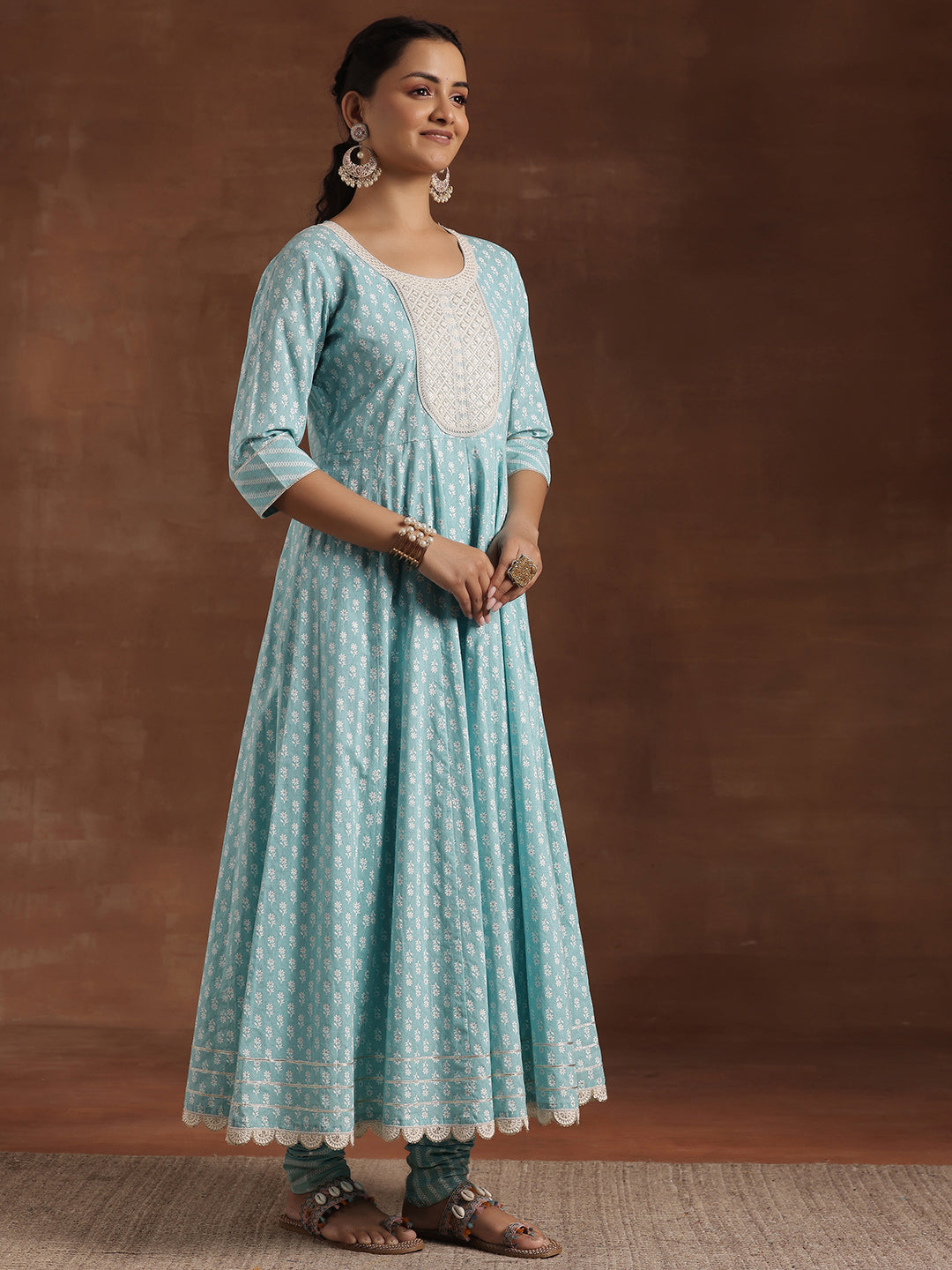 Blue Printed Cotton A-Line Kurta With Churidar & Dupatta