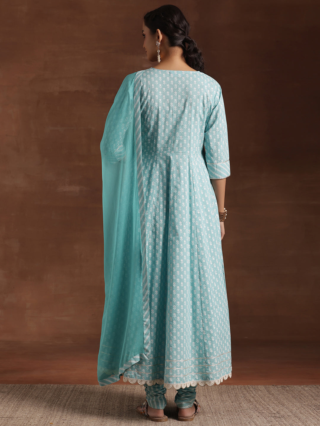 Blue Printed Cotton A-Line Kurta With Churidar & Dupatta