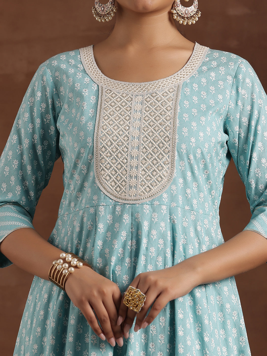 Blue Printed Cotton A-Line Kurta With Churidar & Dupatta