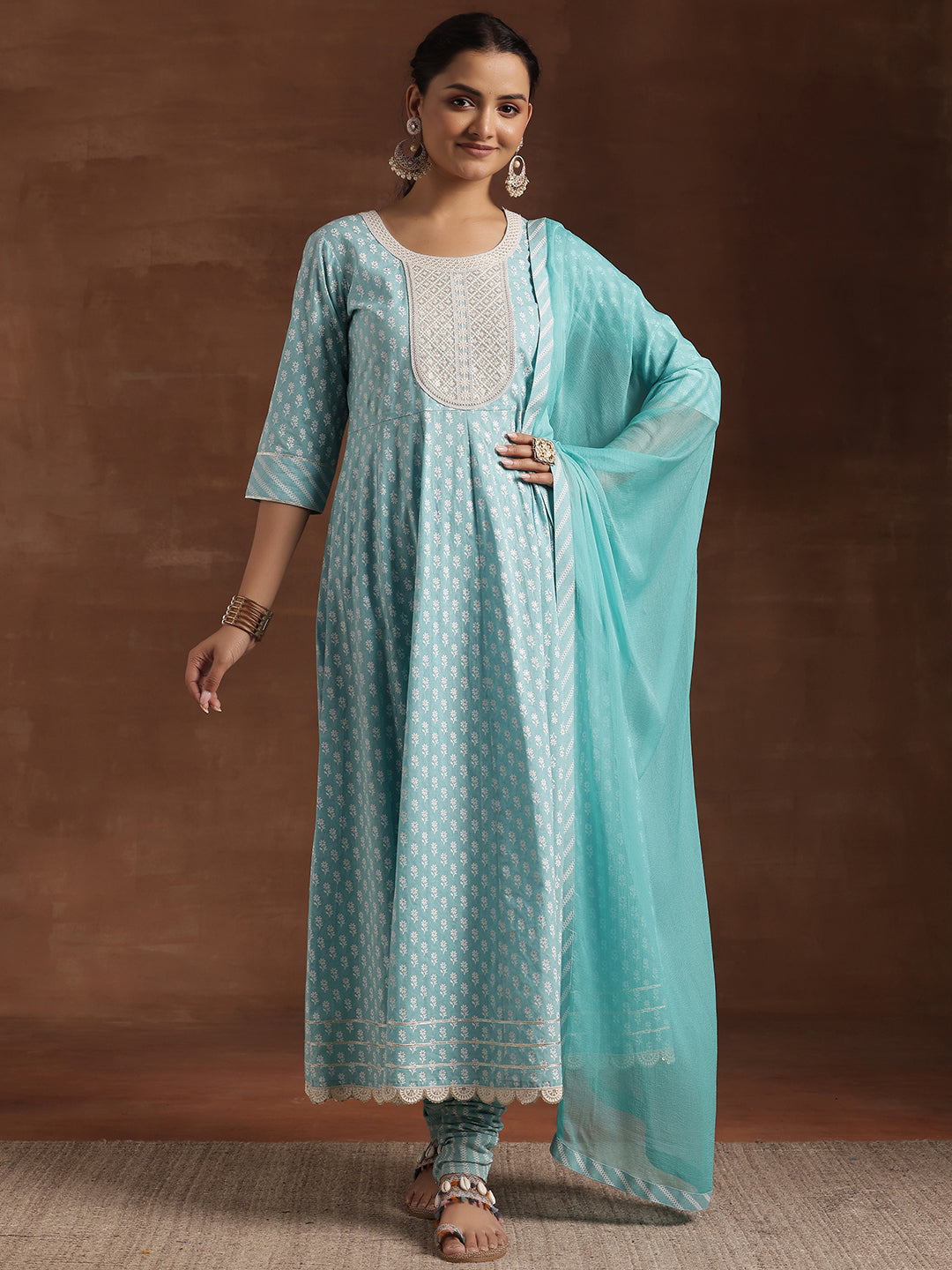 Blue Printed Cotton A-Line Kurta With Churidar & Dupatta