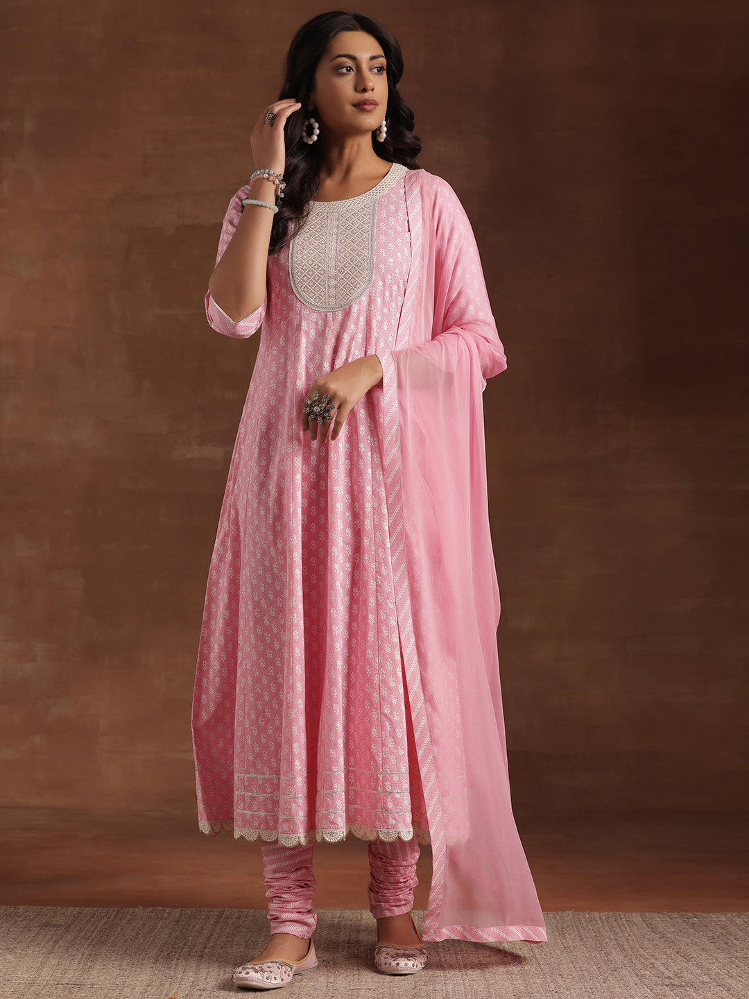 Pink Printed Cotton A-Line Kurta With Churidar & Dupatta