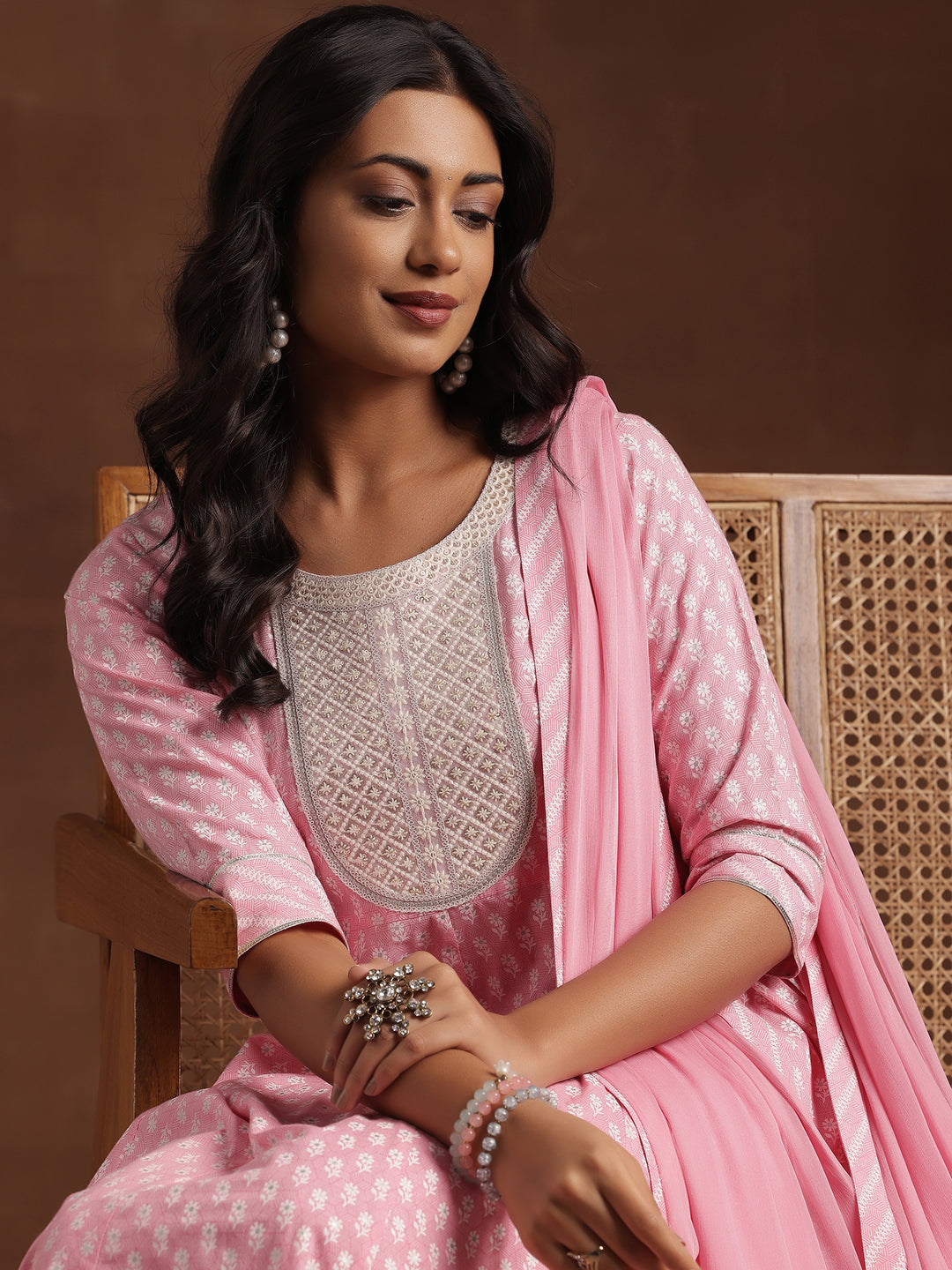 Pink Printed Cotton A-Line Kurta With Churidar & Dupatta