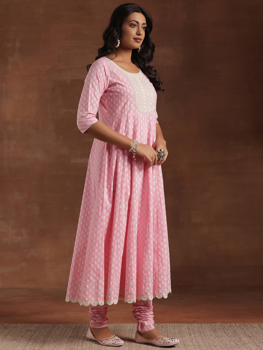 Pink Printed Cotton A-Line Kurta With Churidar & Dupatta