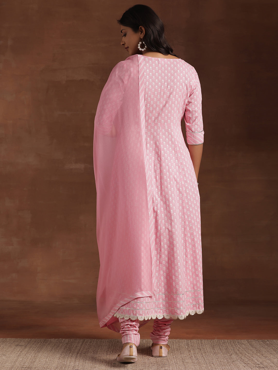 Pink Printed Cotton A-Line Kurta With Churidar & Dupatta