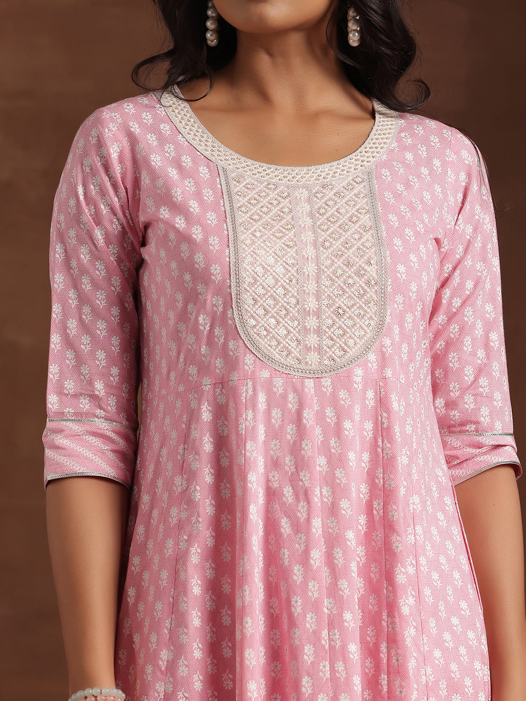 Pink Printed Cotton A-Line Kurta With Churidar & Dupatta