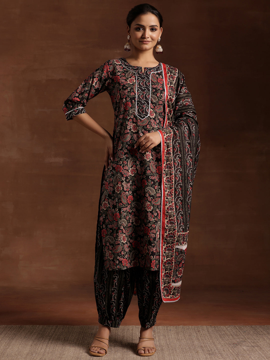 Black Printed Cotton Straight Suit With Dupatta