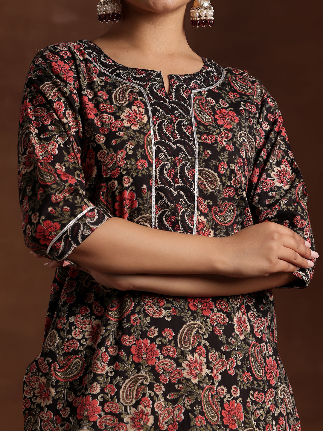 Black Printed Cotton Straight Suit With Dupatta