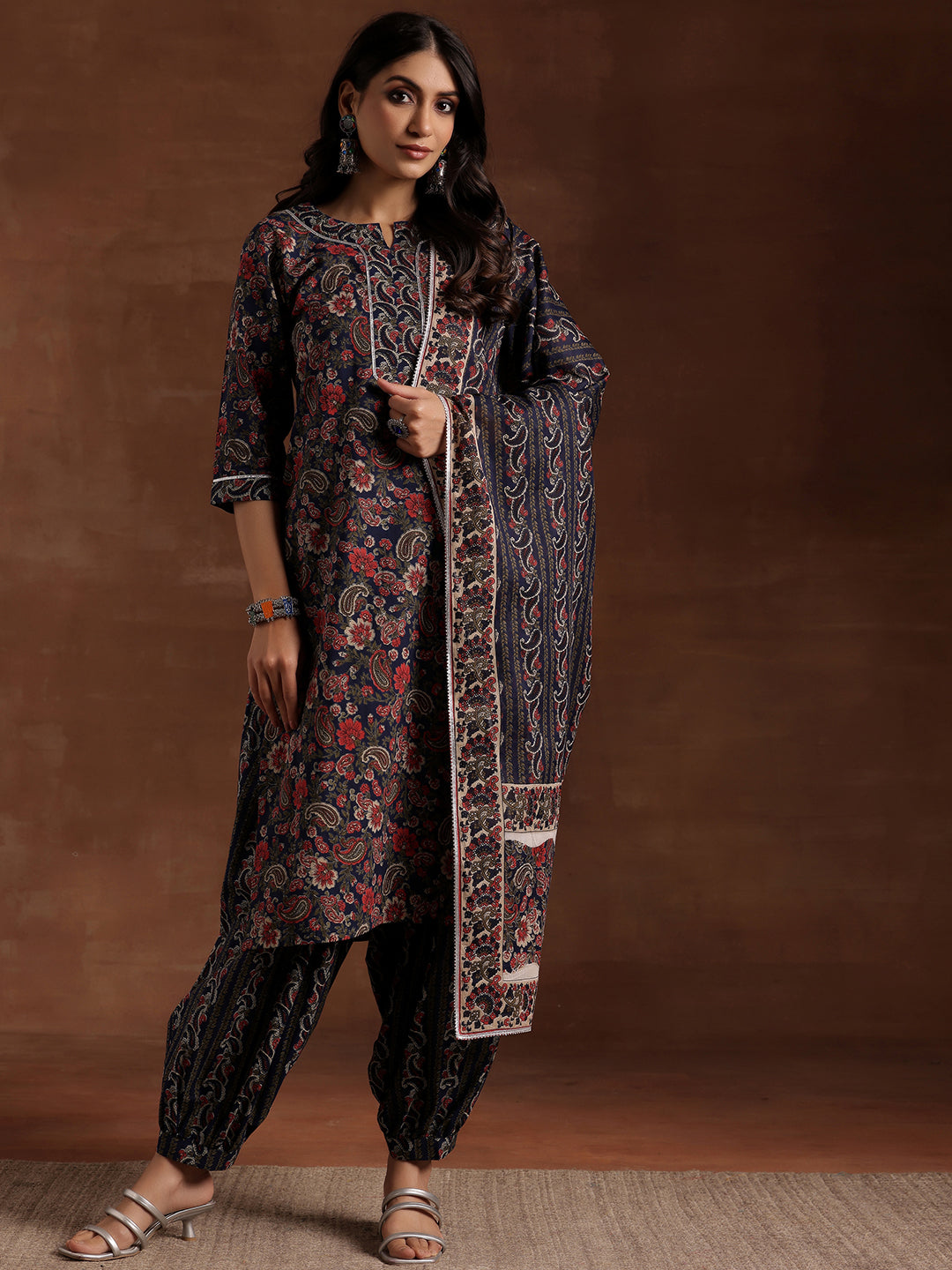 Blue Printed Cotton Straight Suit With Dupatta