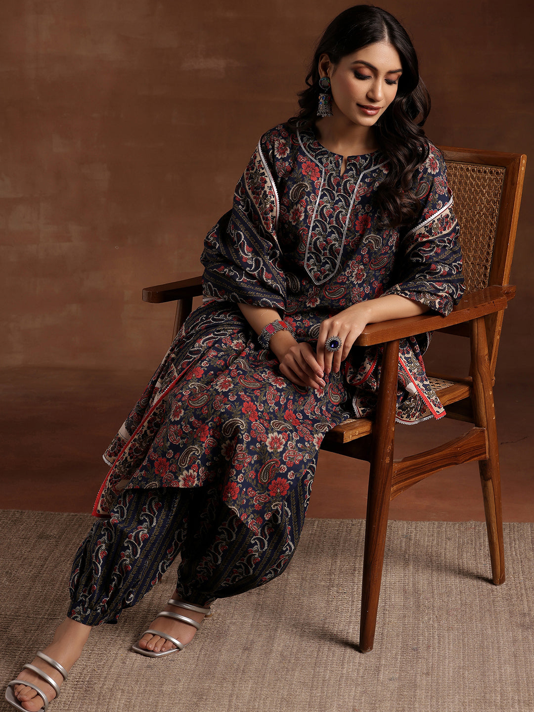 Blue Printed Cotton Straight Suit With Dupatta