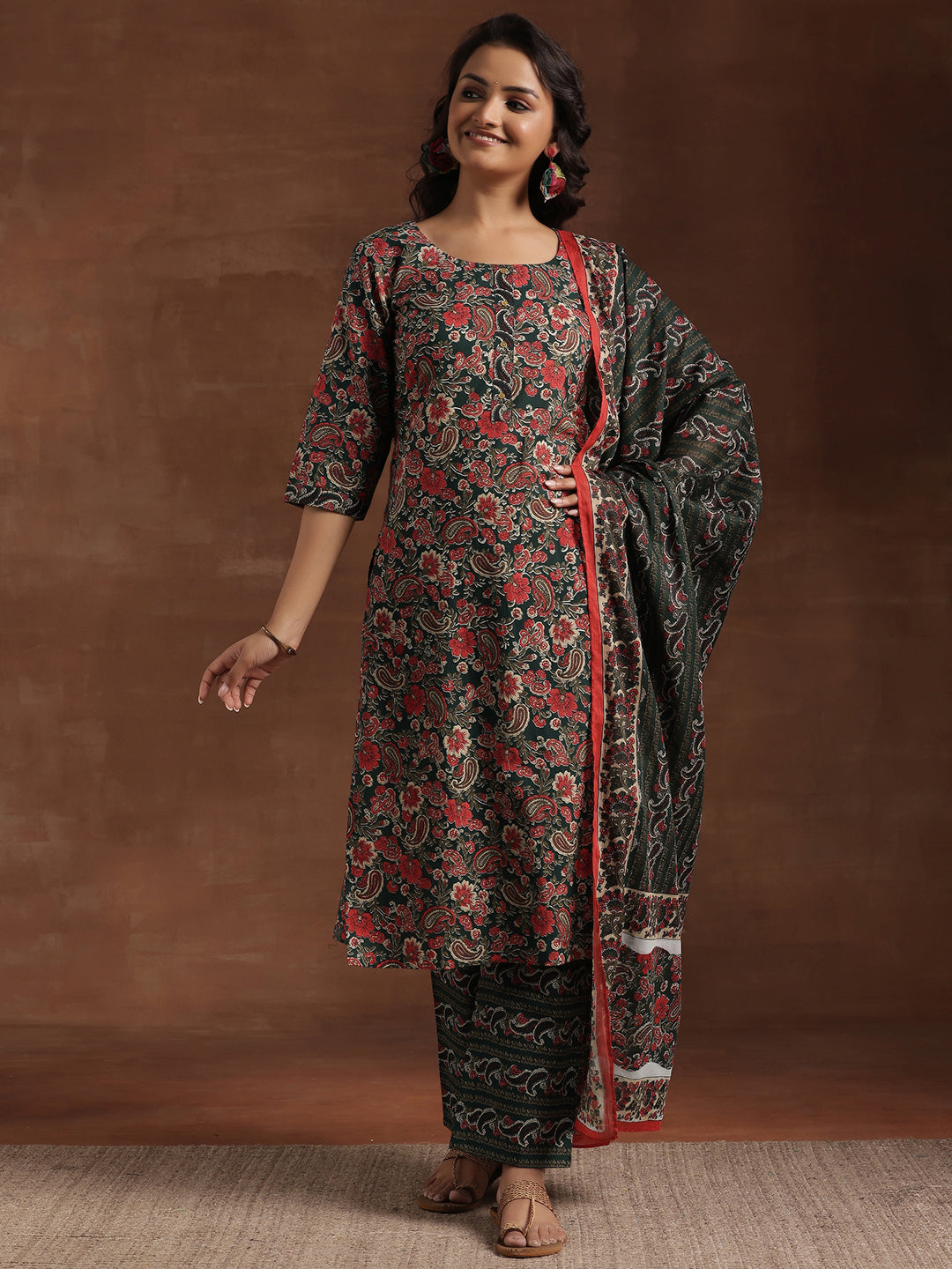 Green Printed Cotton Straight Suit With Dupatta