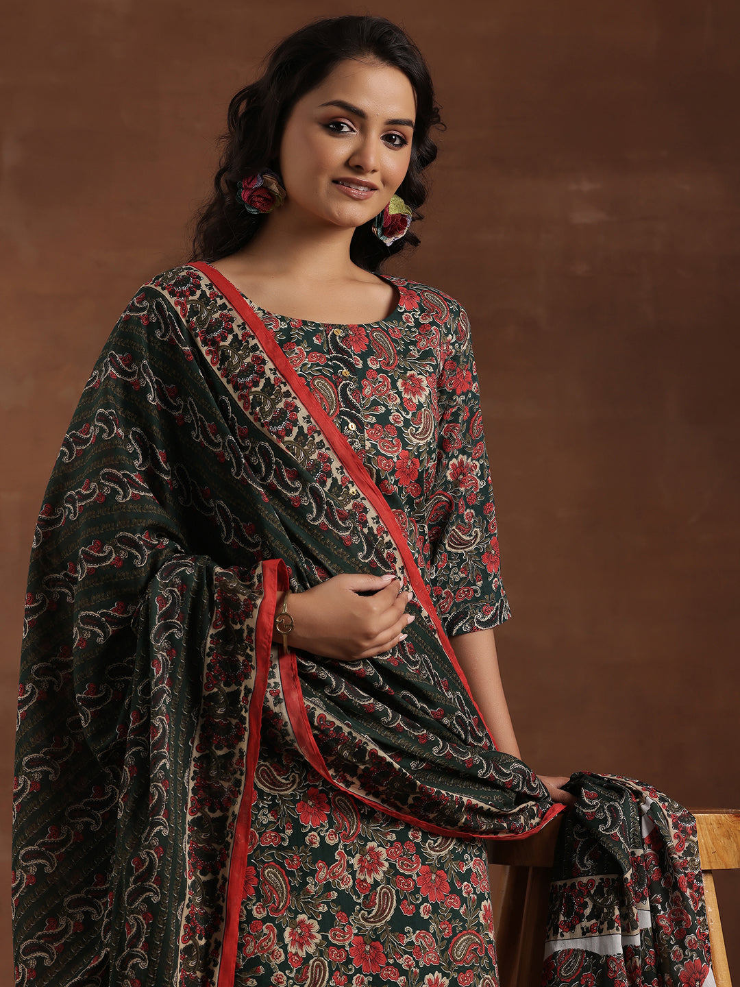 Green Printed Cotton Straight Suit With Dupatta