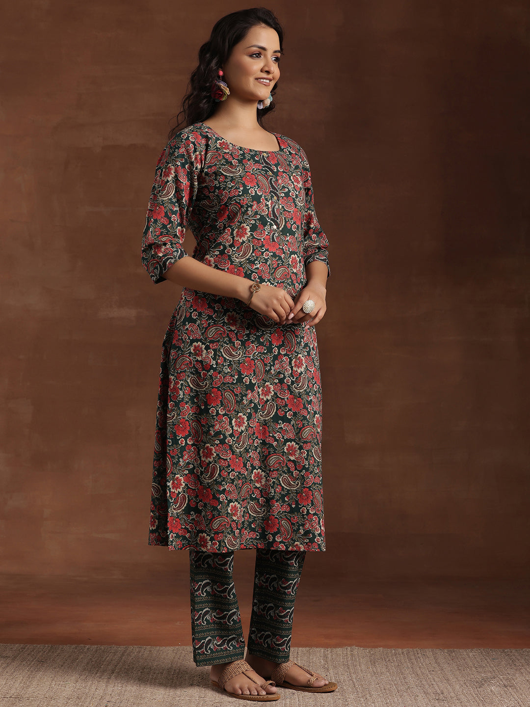 Green Printed Cotton Straight Suit With Dupatta