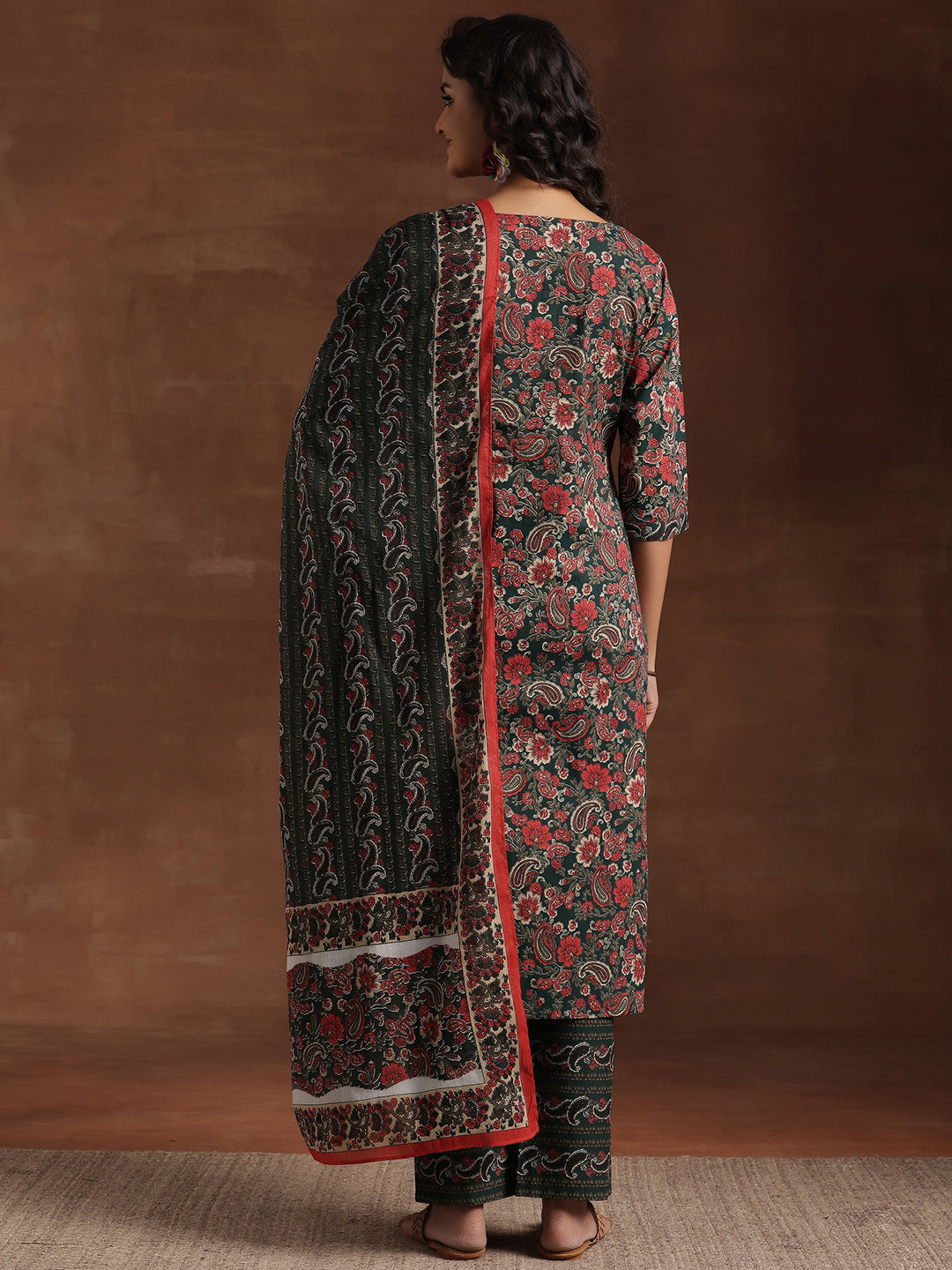 Green Printed Cotton Straight Suit With Dupatta