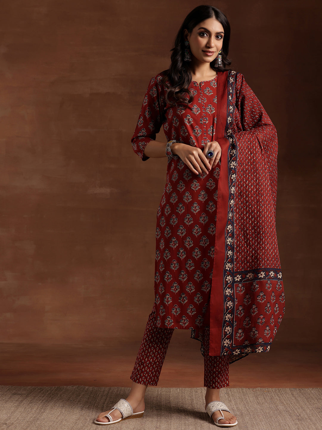 Rust Printed Cotton Straight Suit With Dupatta