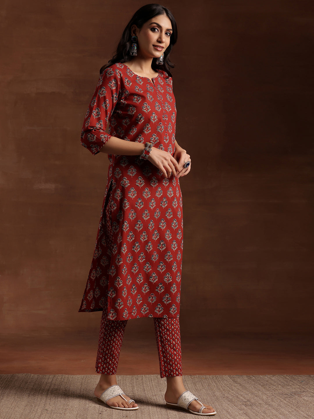 Rust Printed Cotton Straight Suit With Dupatta