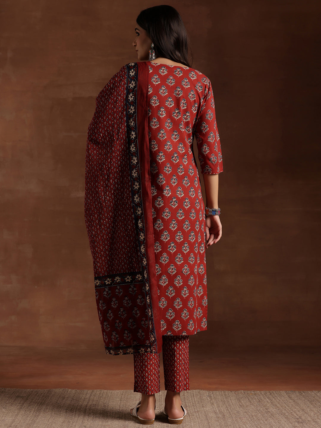 Rust Printed Cotton Straight Suit With Dupatta