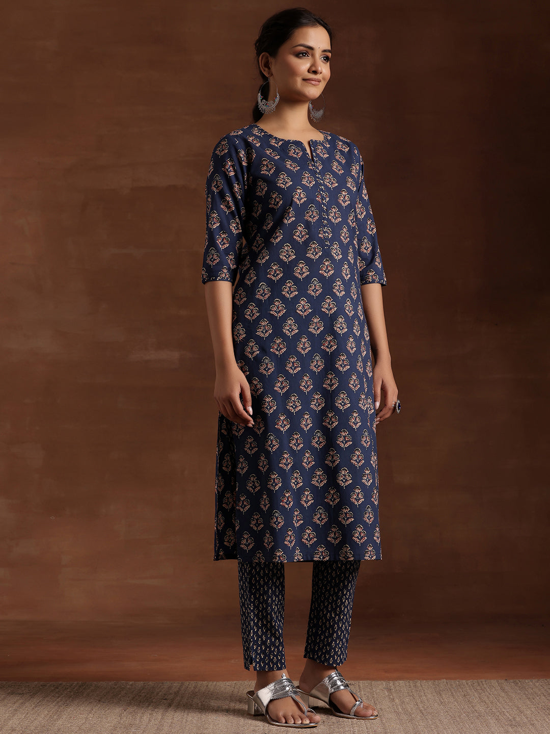 Blue Printed Cotton Straight Suit With Dupatta