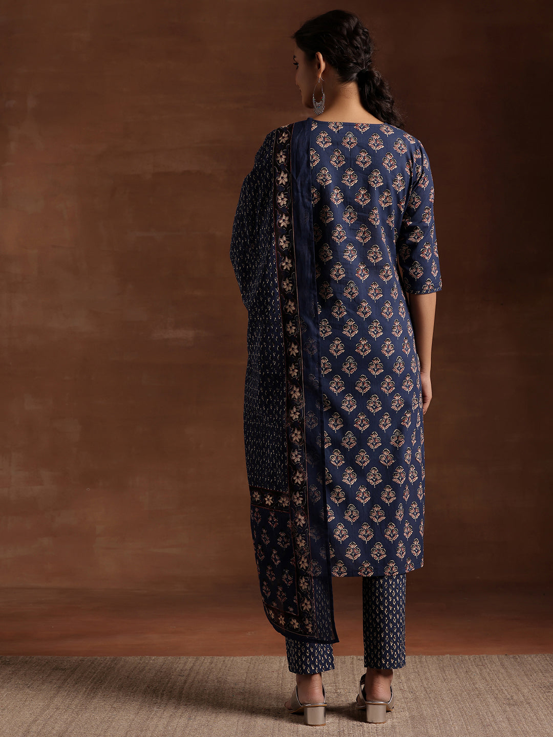 Blue Printed Cotton Straight Suit With Dupatta