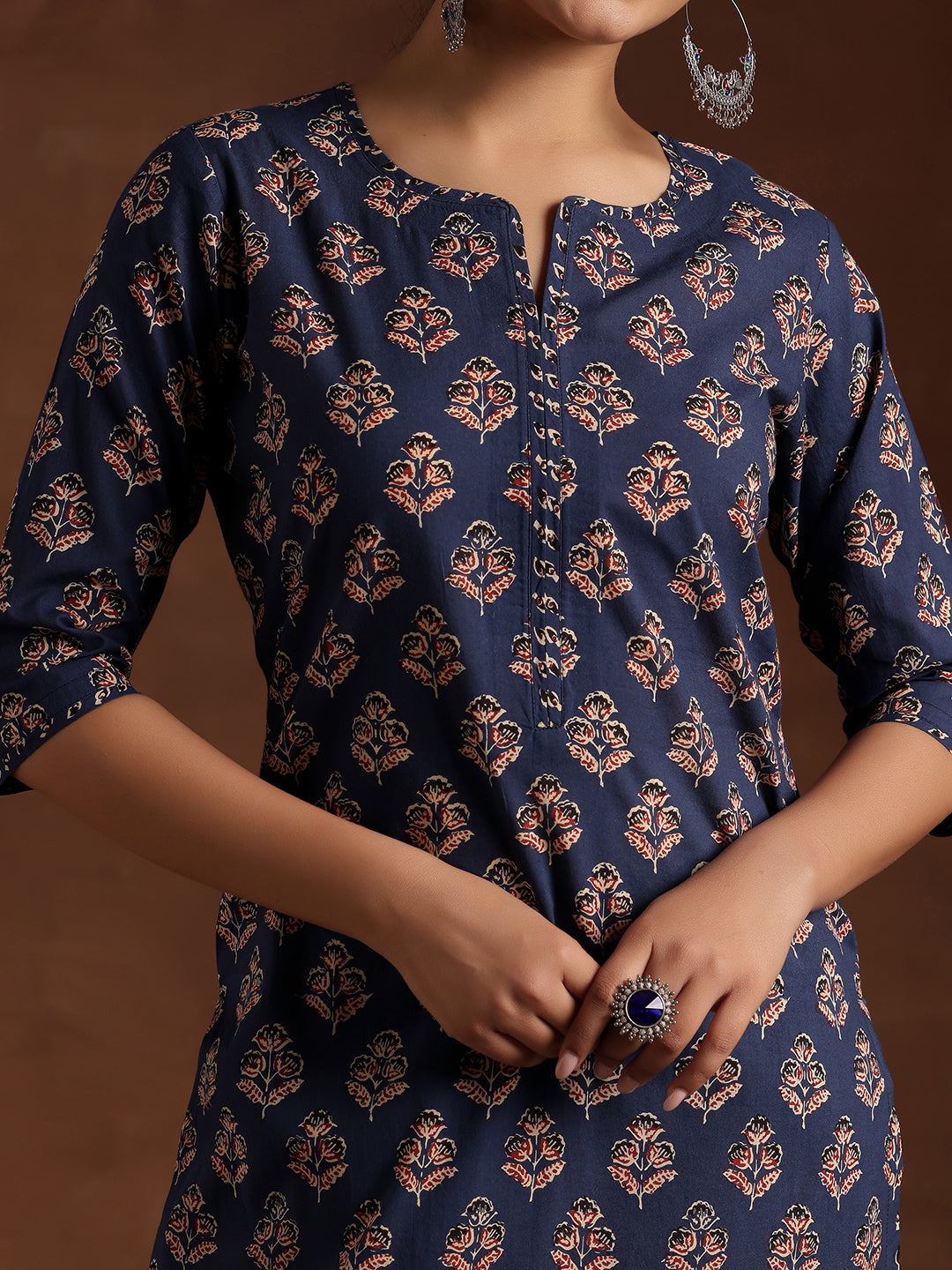 Blue Printed Cotton Straight Suit With Dupatta