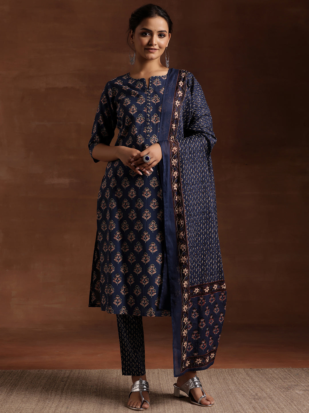 Blue Printed Cotton Straight Suit With Dupatta