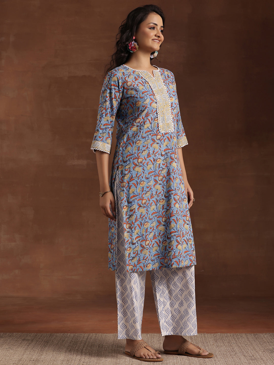 Blue Printed Cotton Straight Suit With Dupatta