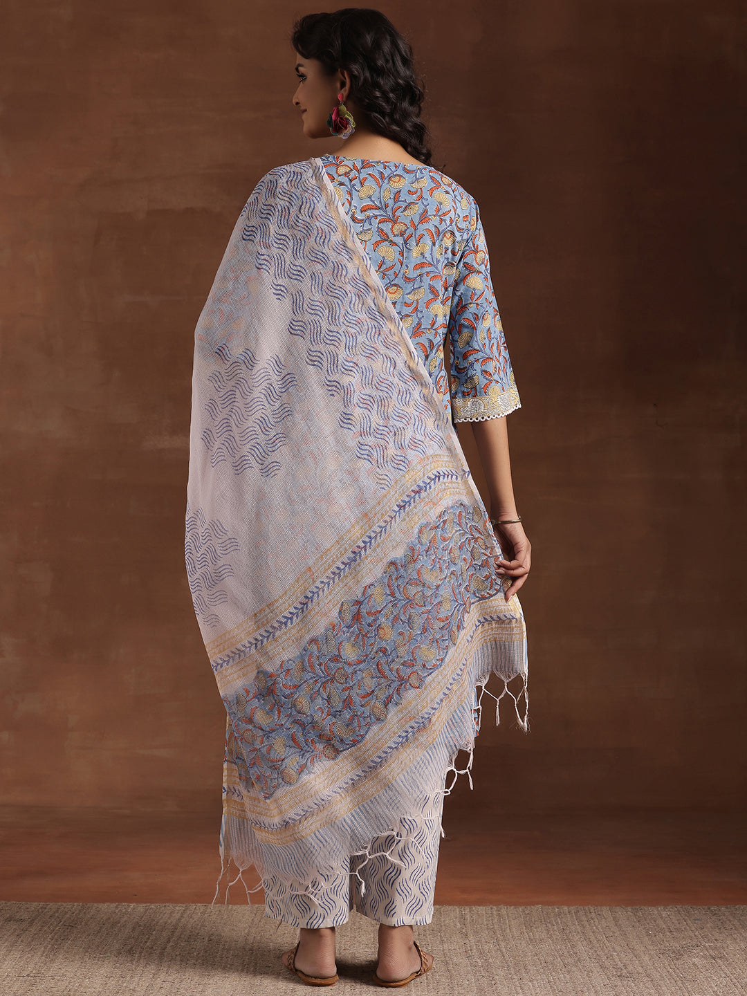 Blue Printed Cotton Straight Suit With Dupatta