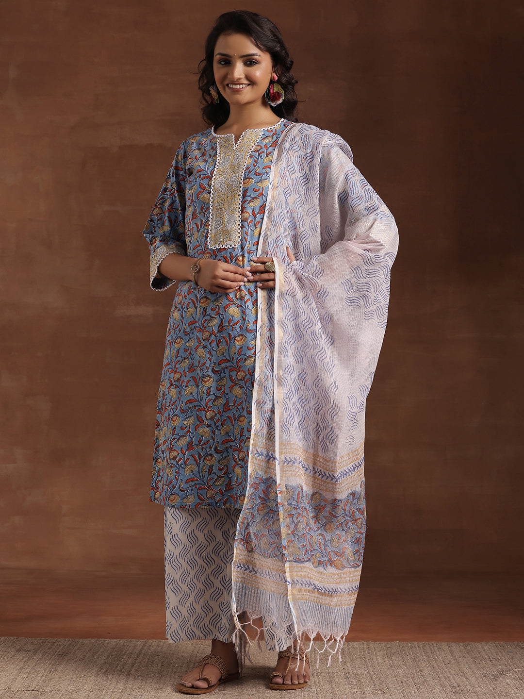 Blue Printed Cotton Straight Suit With Dupatta